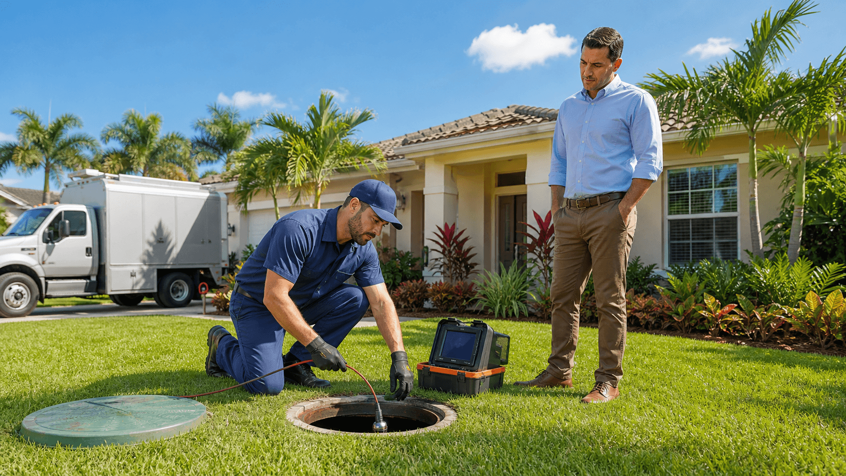 Inspector in a yellow vest examines an open septic tank beside a suburban rental home.