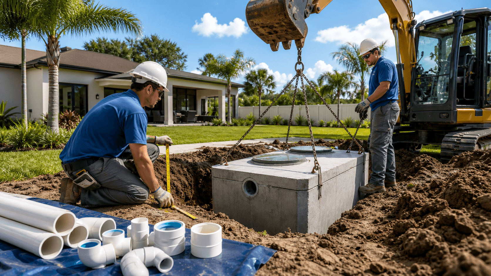 Worker in hard hat inspects an open septic tank in a sandy yard beside a suburban home under bright daylight
